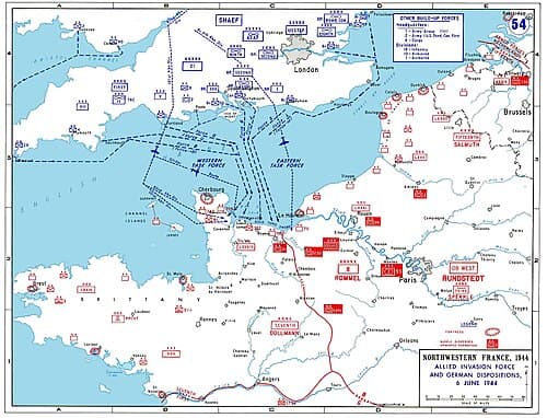 Carte du débarquement allié en Normandie le 6 juin 1944, montrant les forces alliées et les dispositions allemandes.