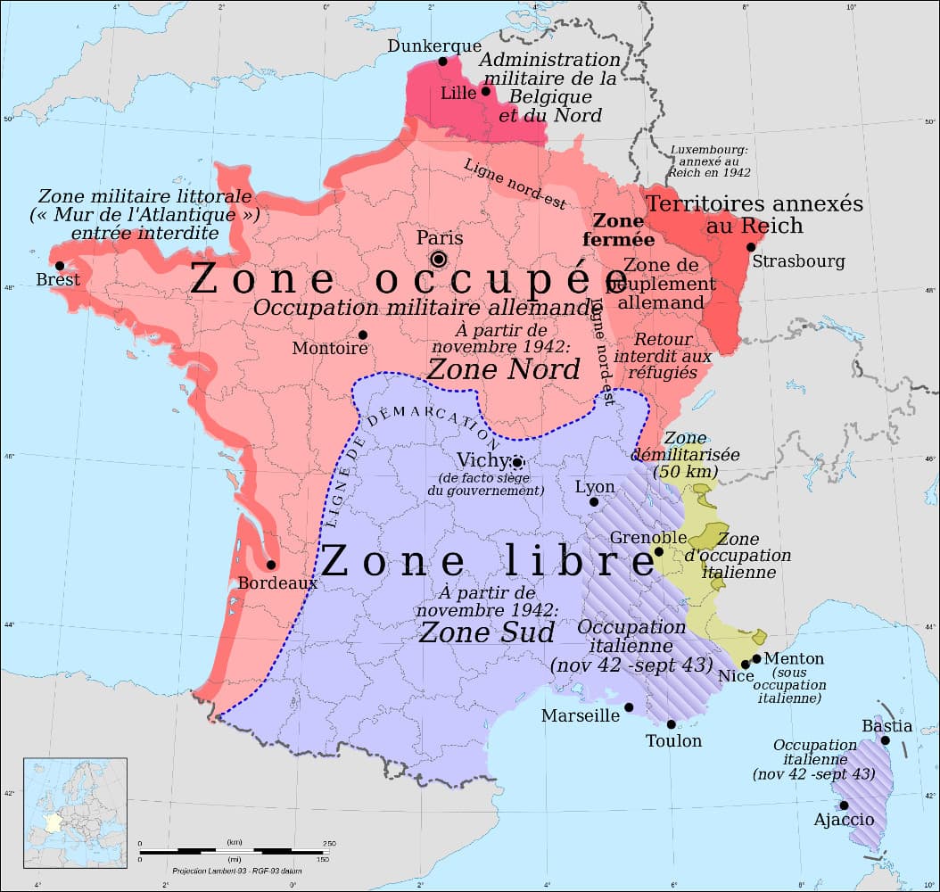 Carte de la France sous l'Occupation montrant la zone occupée, la zone libre, la ligne de démarcation et les zones annexées (1940–1944).